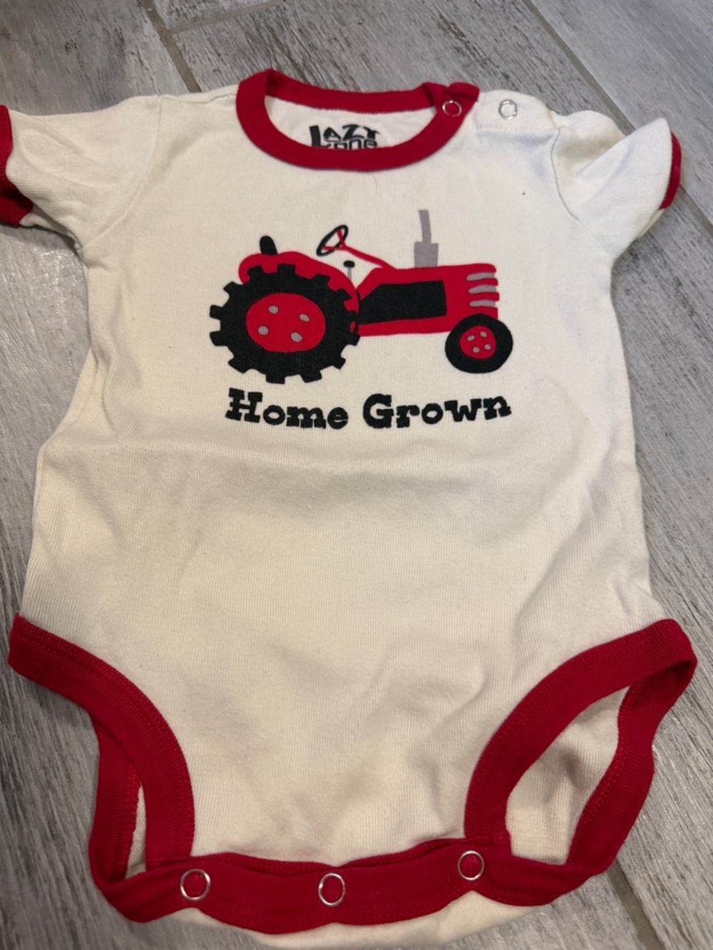 Lazy One White & Red "Home Grown" Tractor One-Piece Bodysuit